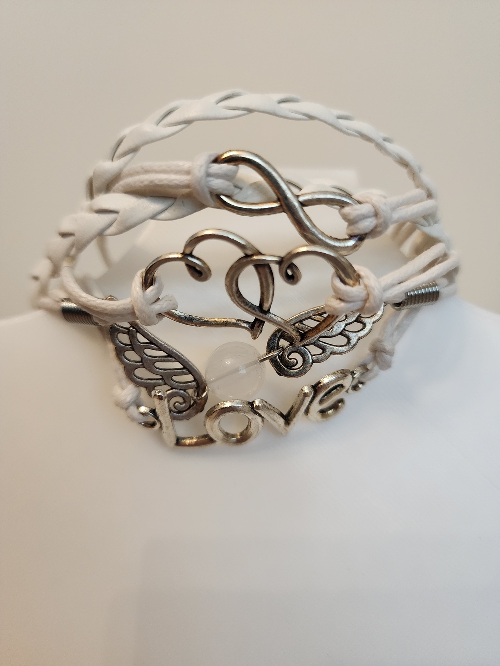 White Multi-Strand Love, Infiniti, Hearts & Wing Bracelet 6.5"